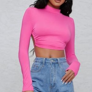 pink long sleeve backless top